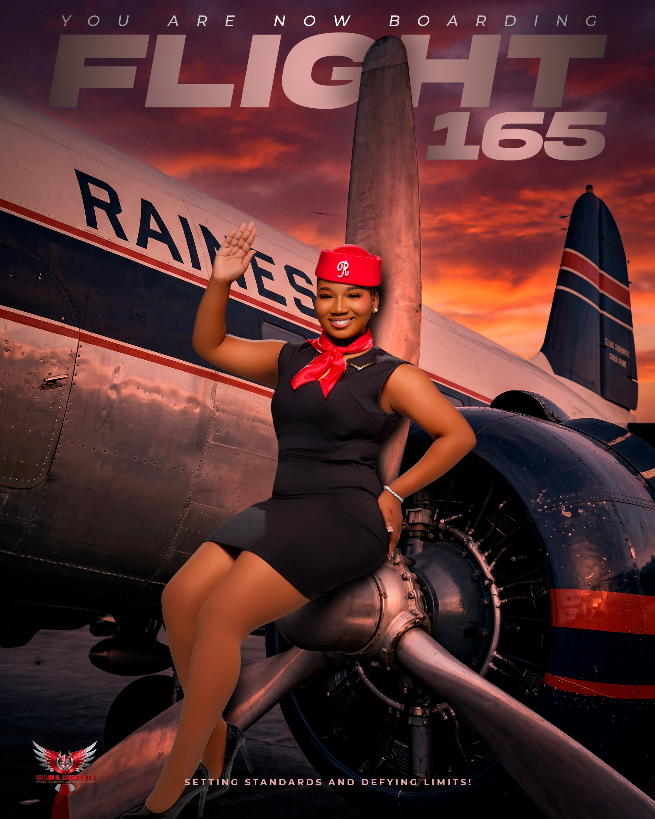 A woman in a red hat and black dress waves, sitting on a propeller in front of a plane.