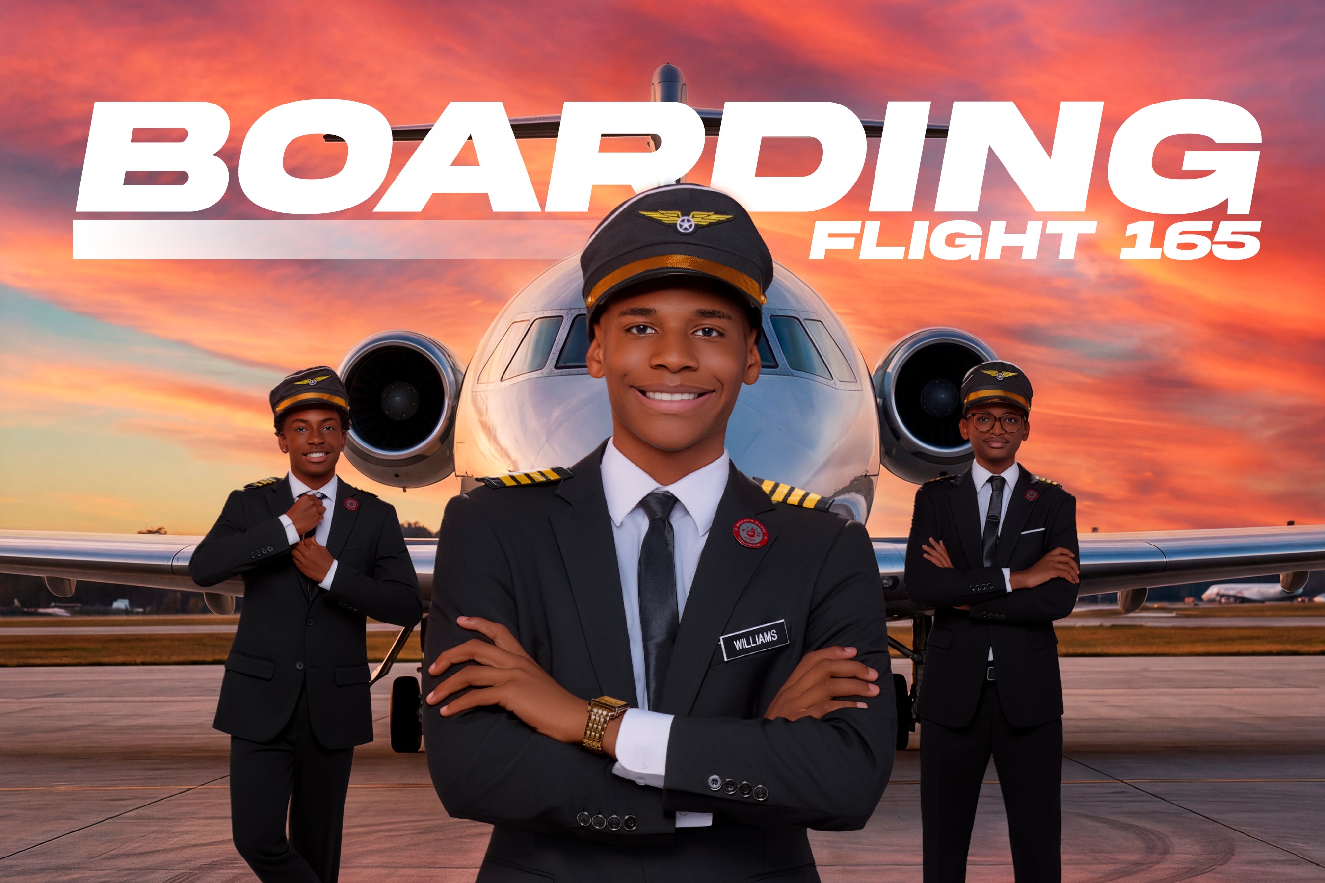 Three individuals dressed in pilot uniforms on a runway, one smiling and arms crossed, with an airplane and sunset in the background.