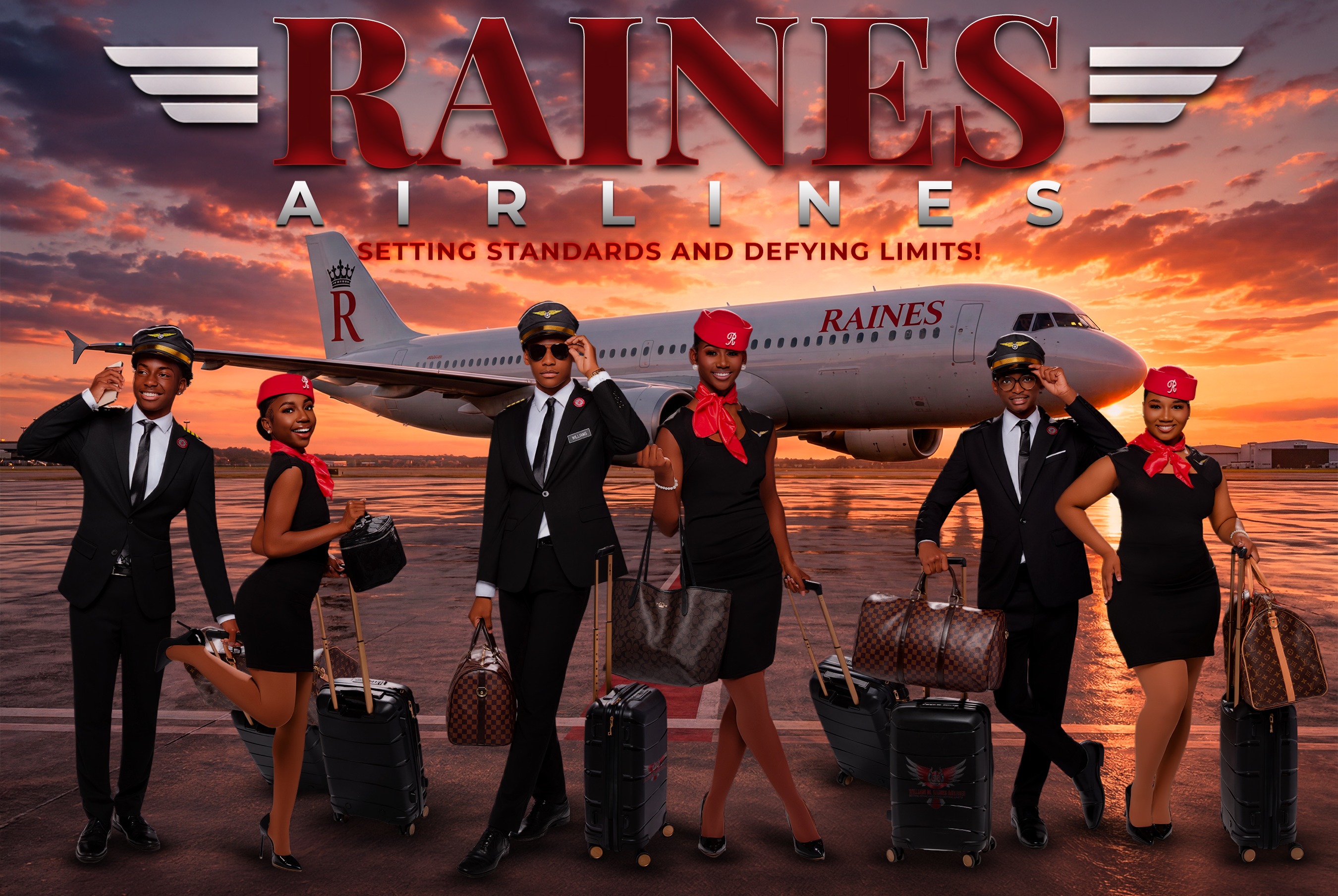 A group of flight attendants stand before a plane. They wear red caps and black suits. They carry various suitcases.