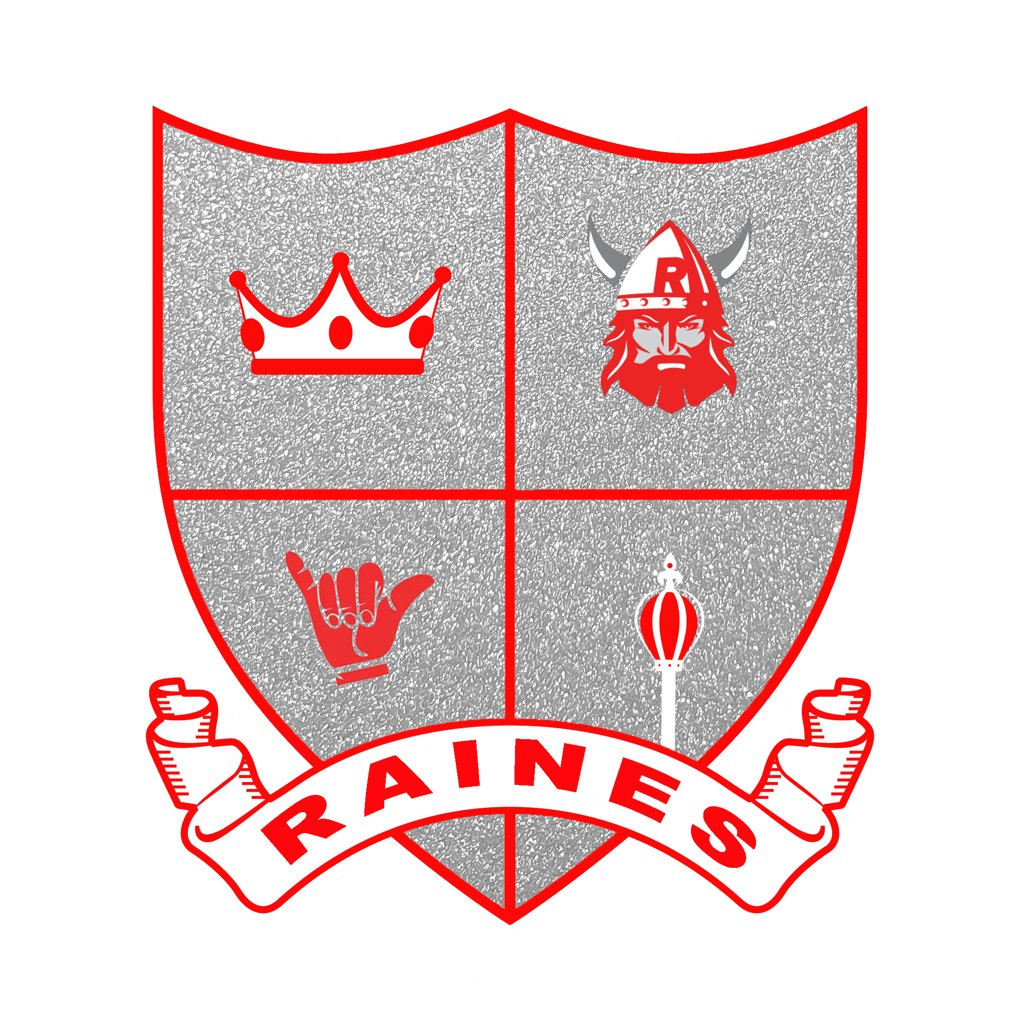 Shield divided into four sections, featuring a crown, a helmeted face, a hand, and a tower. Below is the word "RAINES".