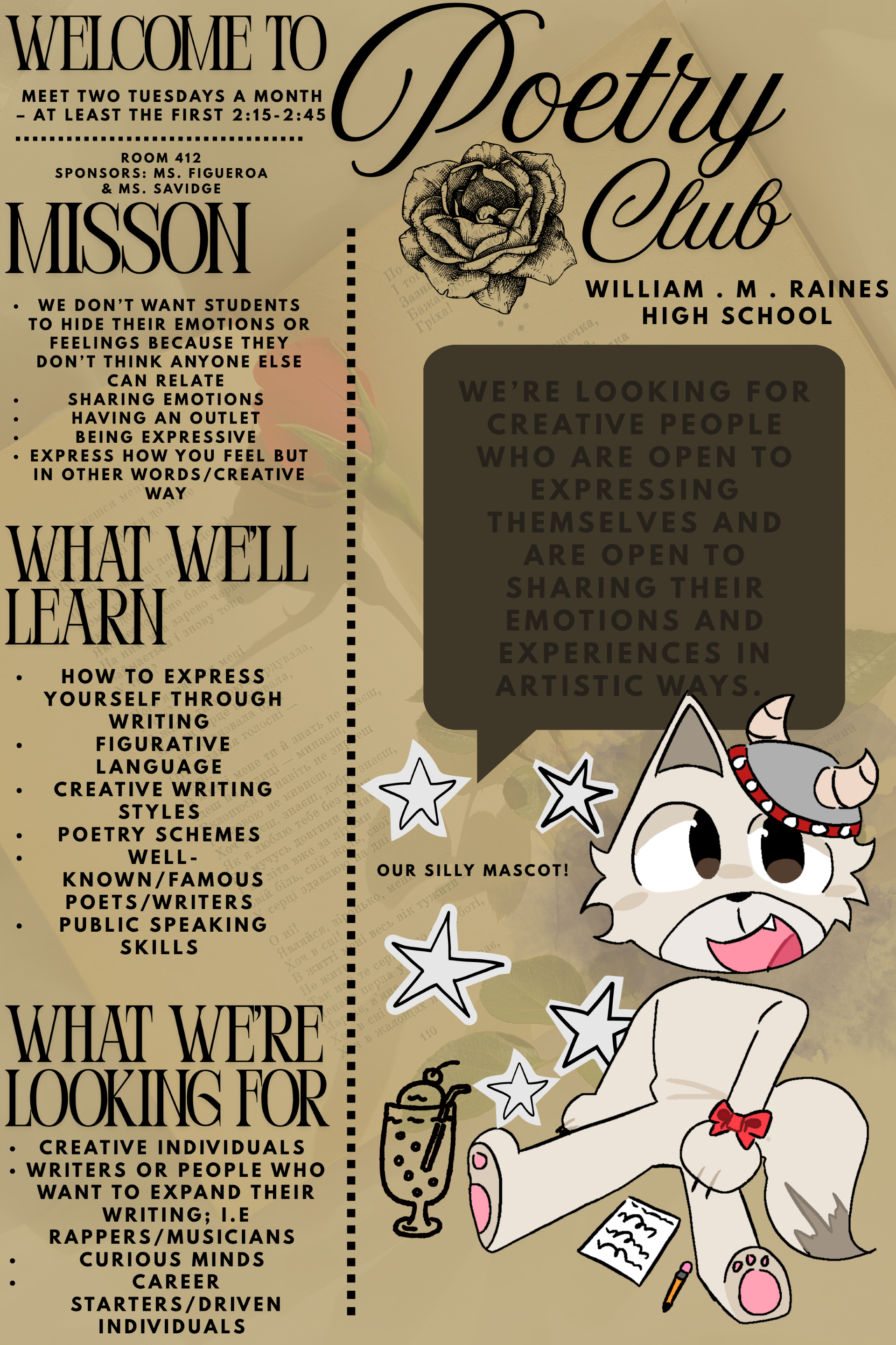 A poster for a poetry club with a mascot, a white cat, and a flower. Text includes welcome message and details about club meetings.