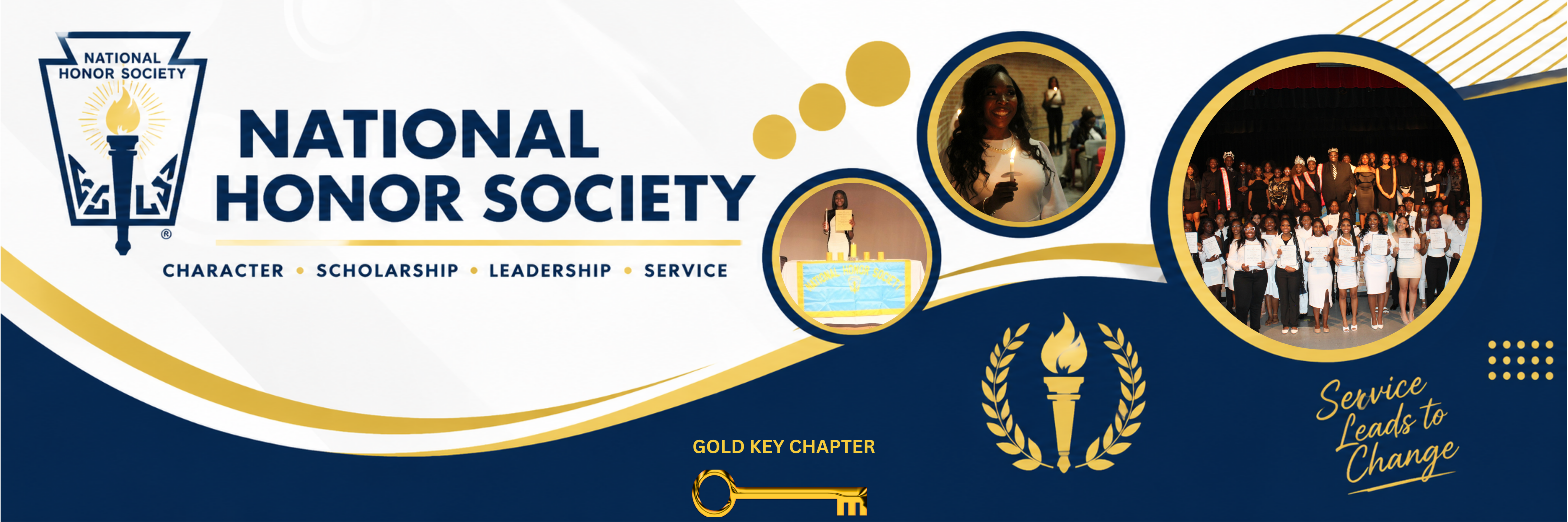 Banner for the National Honor Society. Features logo, key, trophy, and group of students in white.