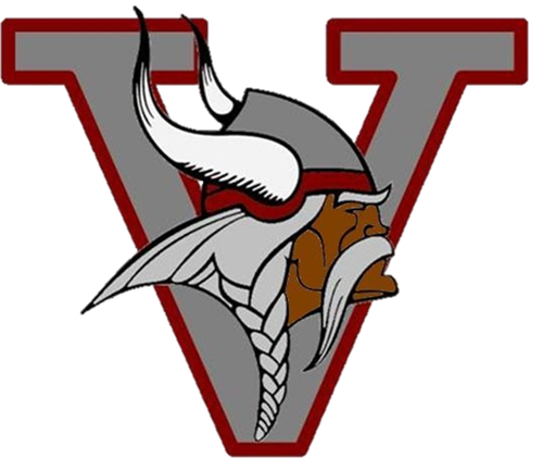 Emblem featuring a stylized Viking helmet with horns and braids, set against a red "V" shape.
