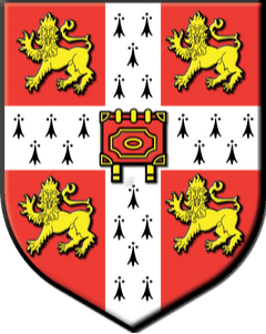 Coat of arms with four golden lions, red and white checkered background, central emblem with a red circle and a black outline.