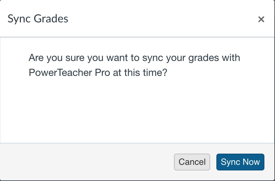 A window will appear asking you to confirm the grade sync. Once “Sync Now” is selected, grades will be queued to be sent from Canvas to the PTP gradebook.