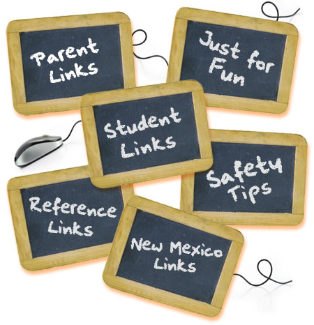 This is a image of computer mouse and various boards. These boards read "Just For Fun", "Parent Links", "Student Links",  "Renfence Links", "Safety Tips" and "New Mexico Links". 