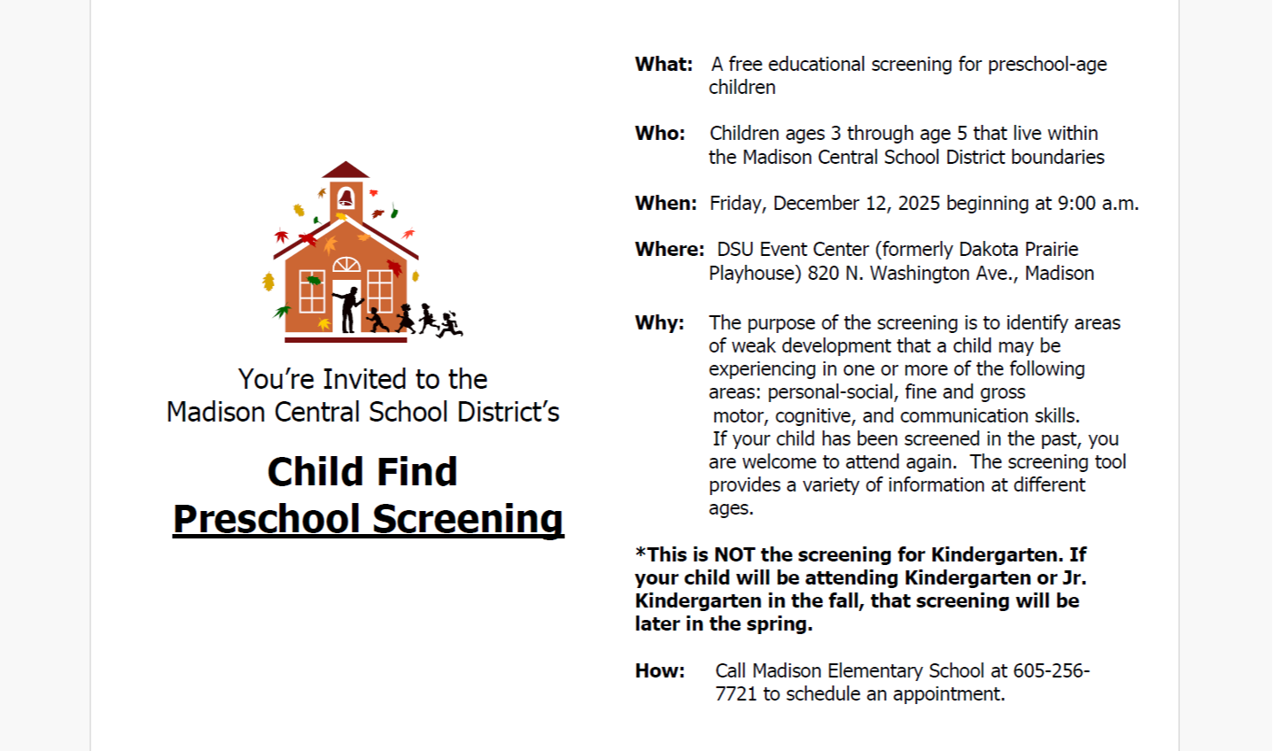 Child Find Preschool Screening - 605-256-7721