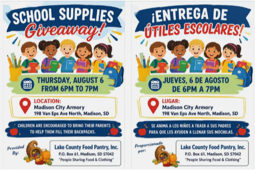 Local Food Pantry - School Supply Giveaway.  Thursday August 6th 6PM-7PM at the Madison City Armory.