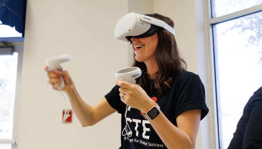 Young lady using virtual reality tools