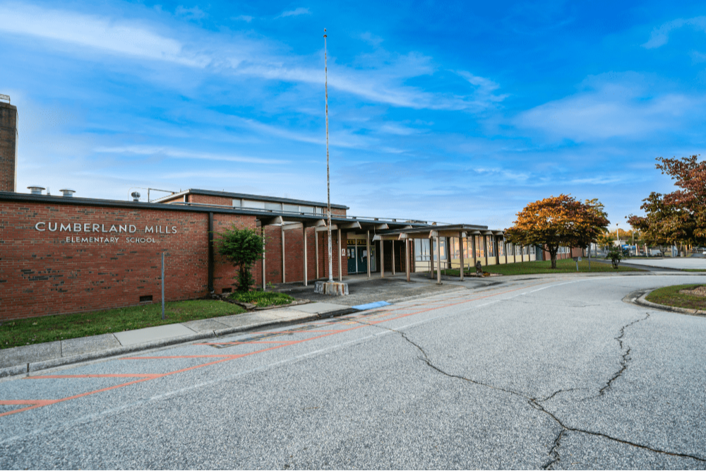 A photo of the front of cumberland mills elementary