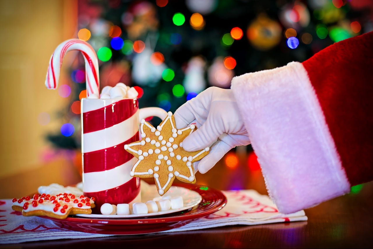 Santa hand with cookie and drink