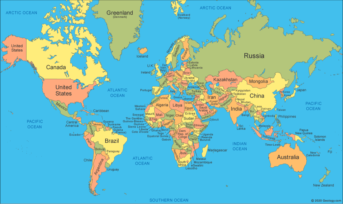 A world map with labeled countries.