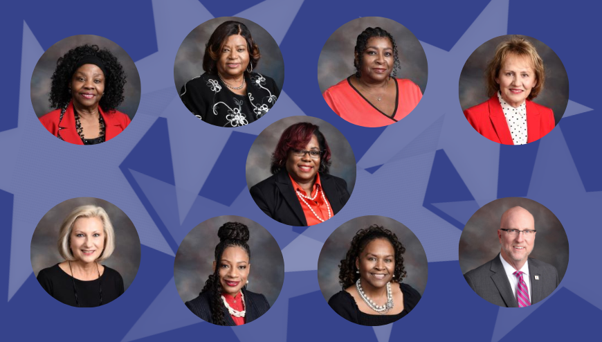 Blue geometric background with circle pictures of the 9 school board members.