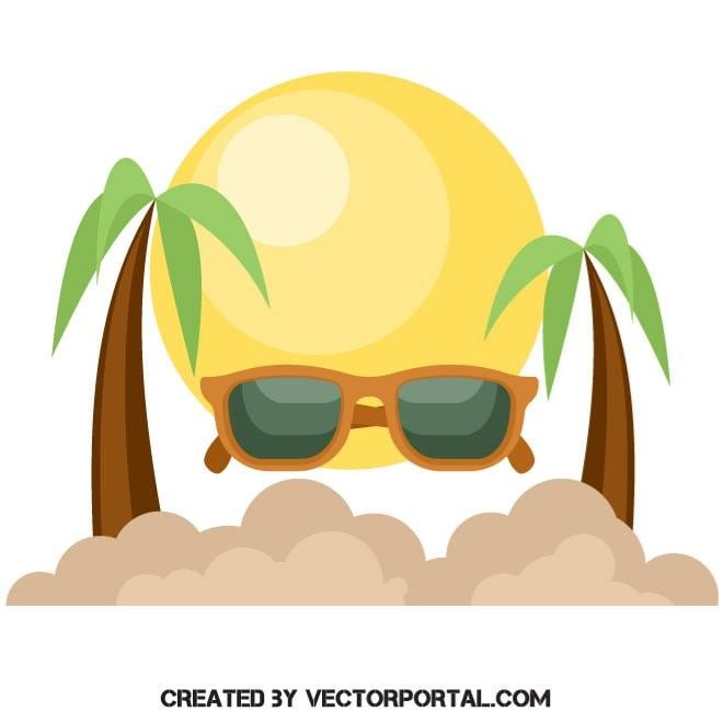 A beach scene with sand, palm trees, sunglasses, and  the shining sun.