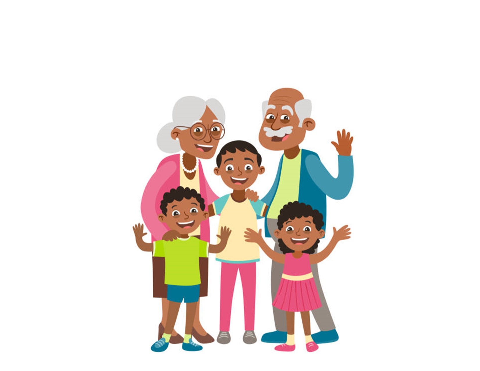 tWO GRANDPARENTS waving with three grandkids.