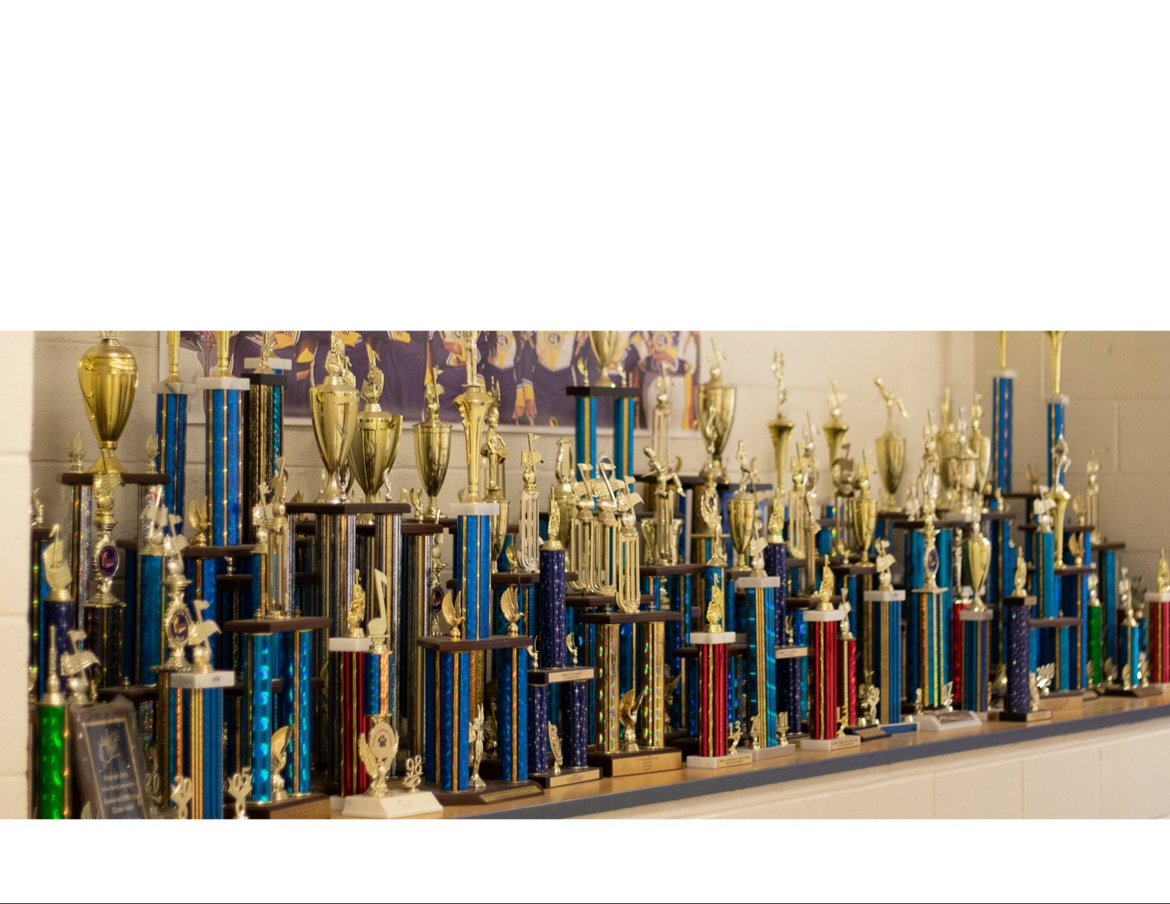 A display shelf with trophies on it.