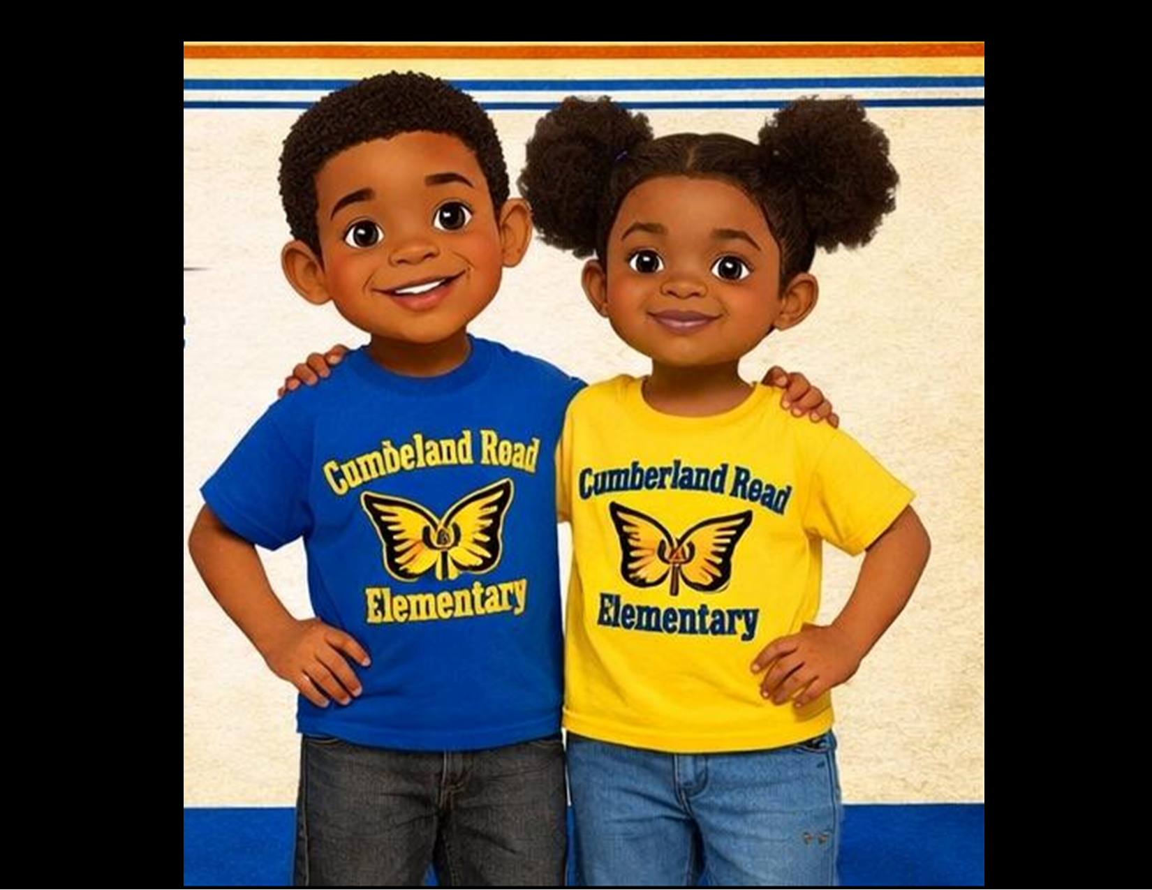 Two cartoon kids each wearing jeans and t-shirts with Cumberlandroad Elementary  and a butterfly on the front.