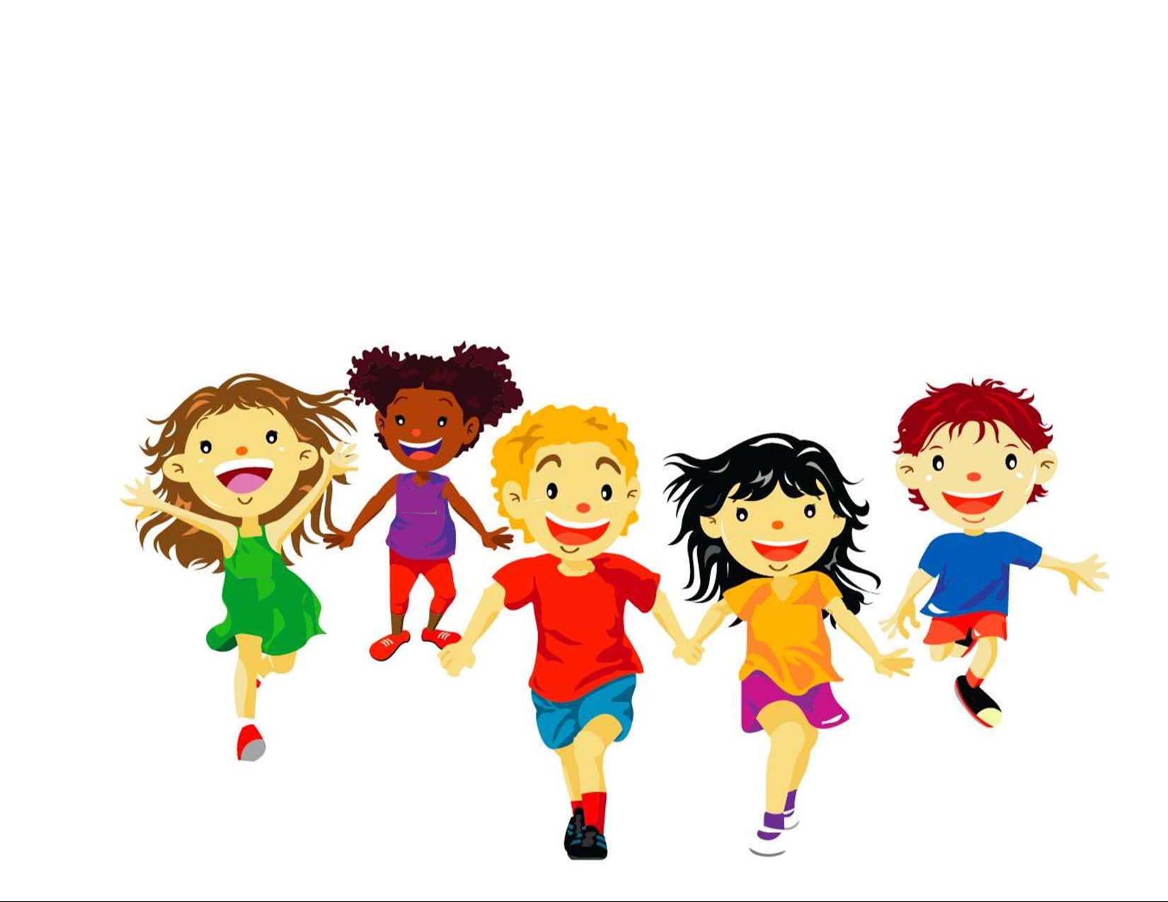 Five cartoon children running.