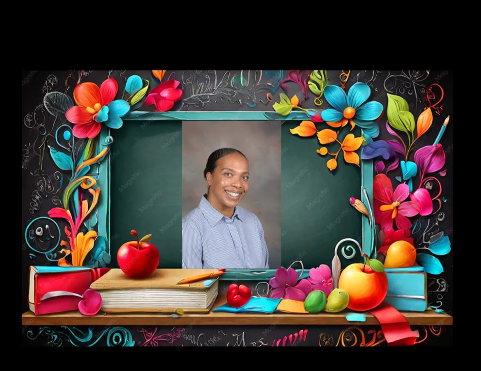 A photograph of Megan Newbell-Wright on a chaulk board, she's smiling at the camera and surrounded by a frame of flowers and books.