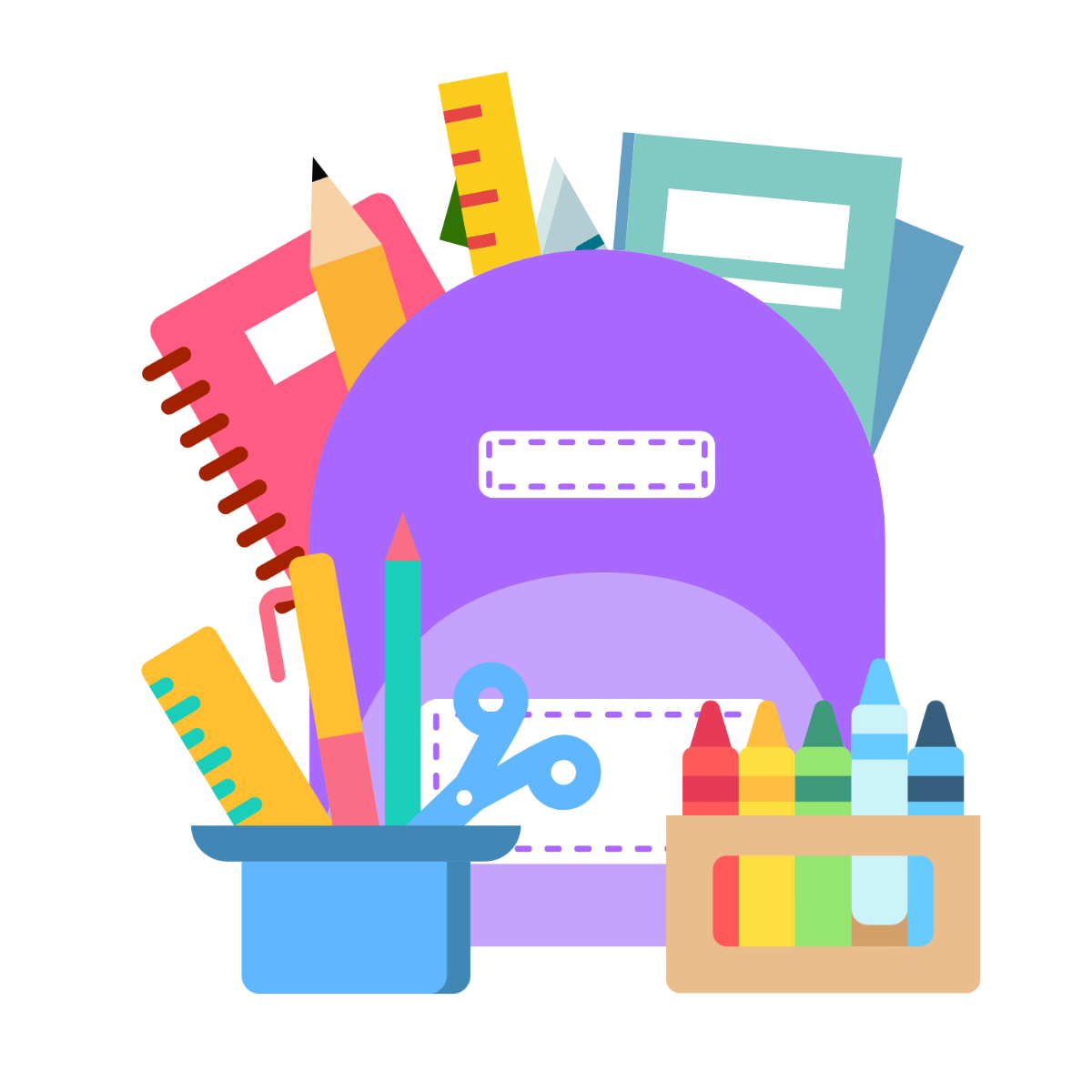 A cartoon of a purple back pack with many school supplies in it and in front of it.