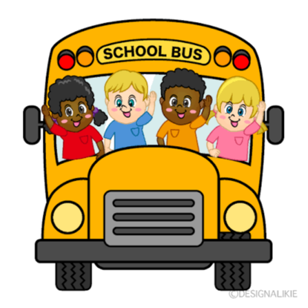 Cartoon school bus with 4 children waving from the front window of the bus.