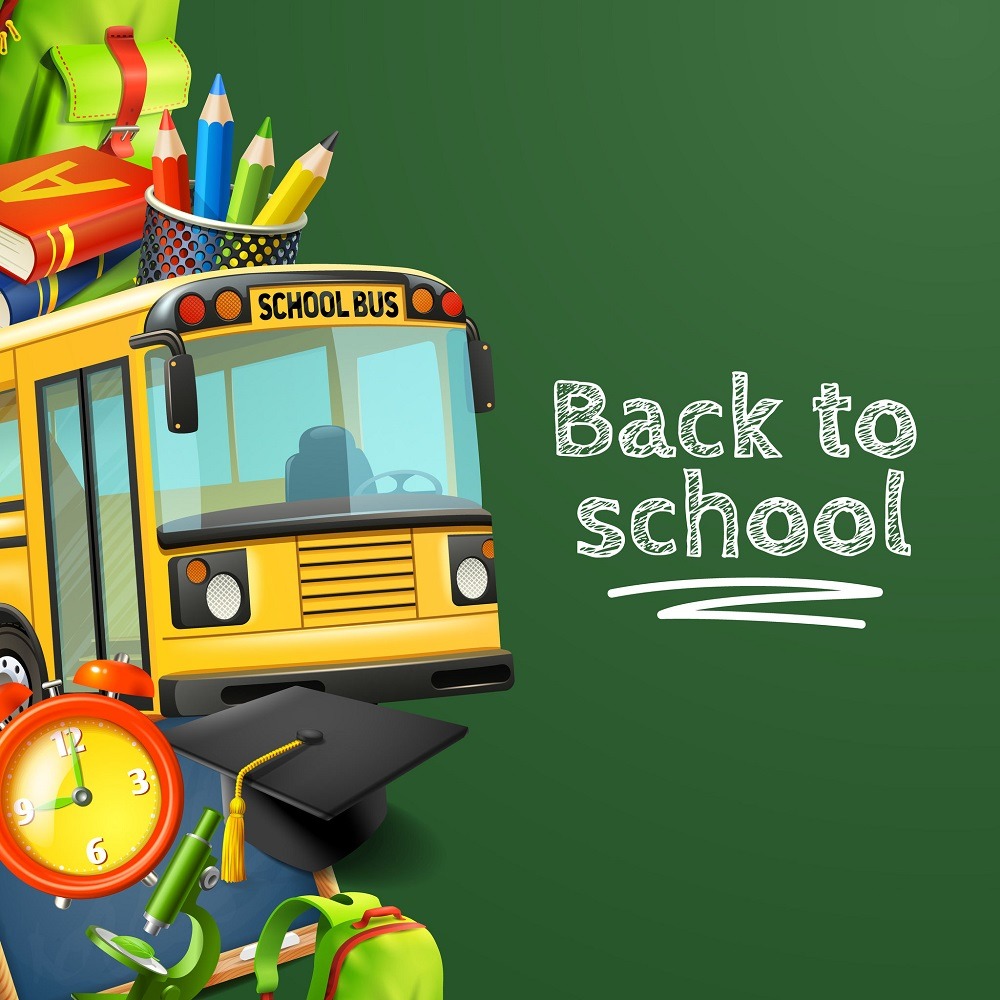 Back to school with bus, crayons, backpack