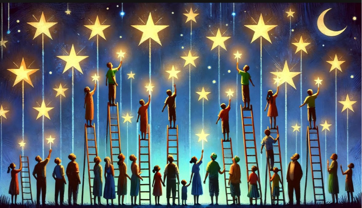 children with stars and adults standing below