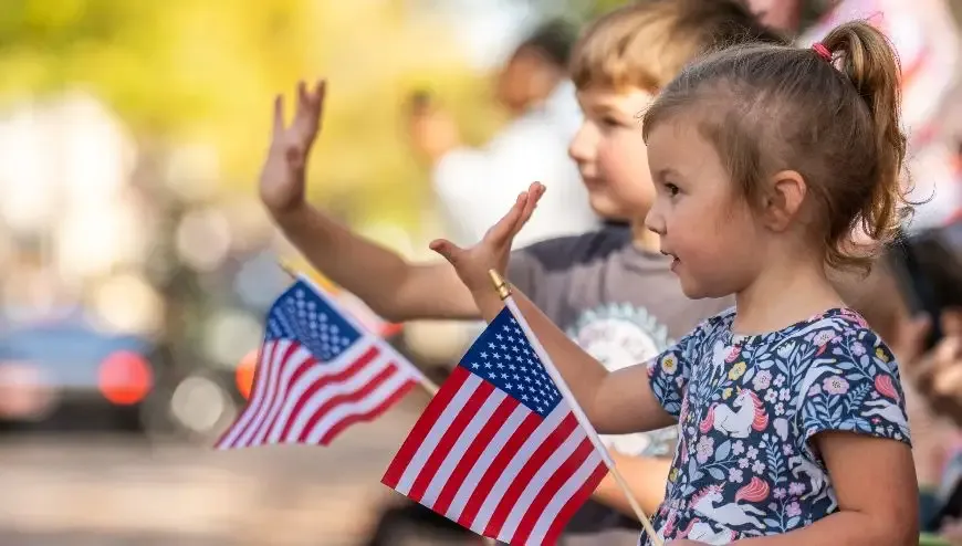 Children Waving with American Flags