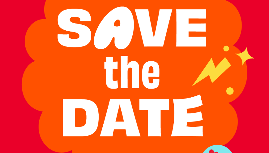 text save the date in white in front of orange and red back ground