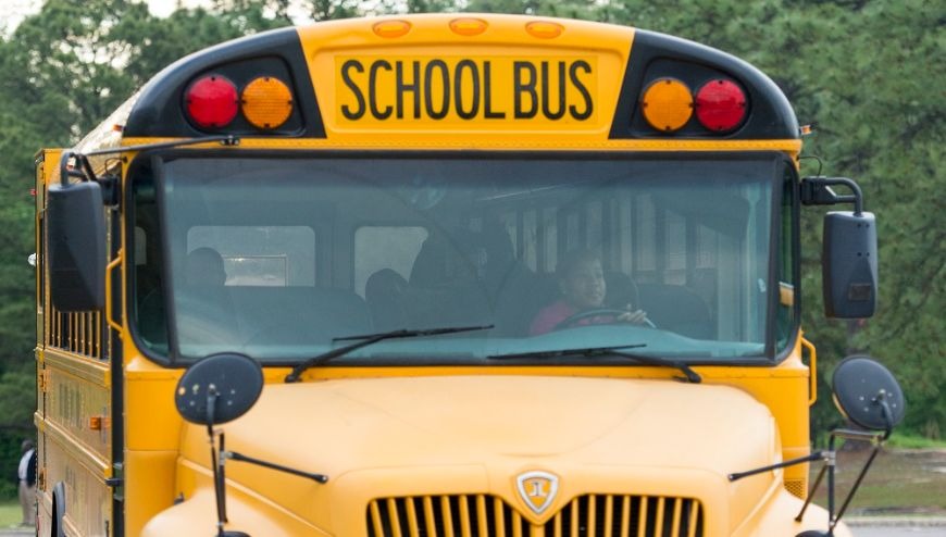Bus driver driving bus.