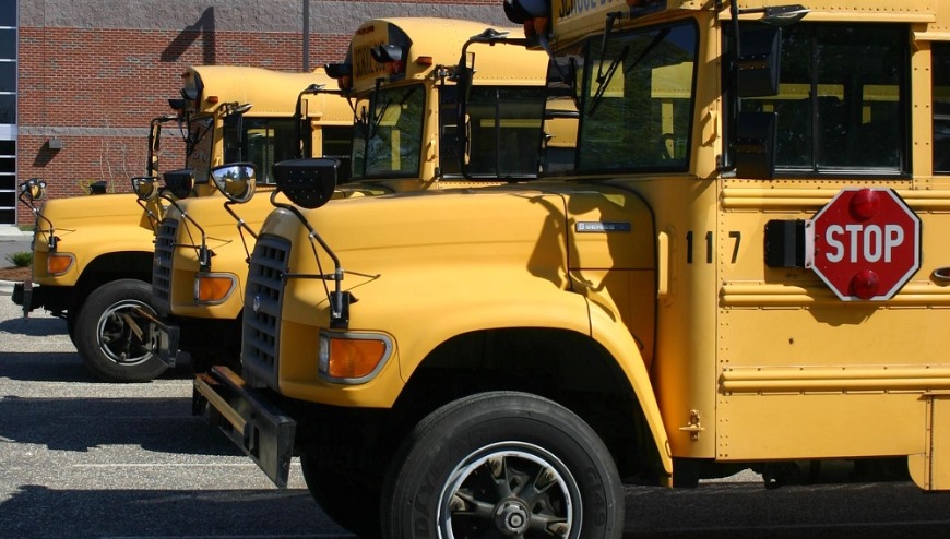 Side view of school busses in a row