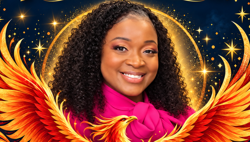Ms. Johnson smiling in a bright pink blouse, framed by orange and gold phoenix wings, a glowing gold circle, and stars against a navy background.