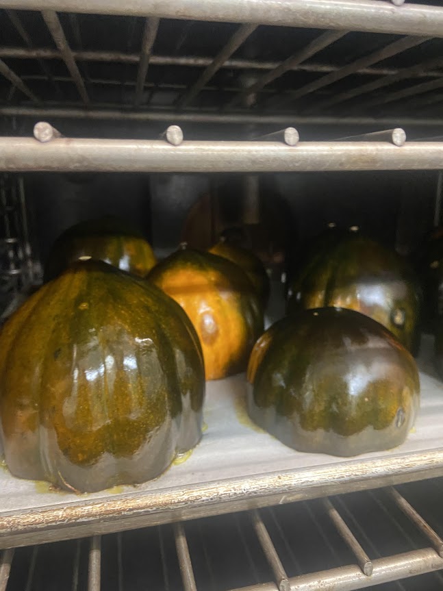 Photo of freshly cooked squash just coming out of the oven.