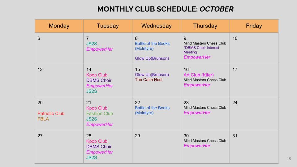 Monthly Club Schedule
