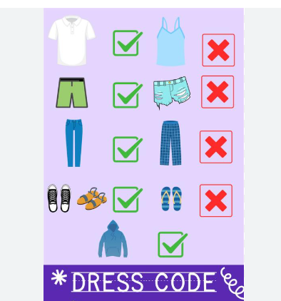 purple background with clothes that have check marks for appropriate clothing and x's for inapporiate clothing.