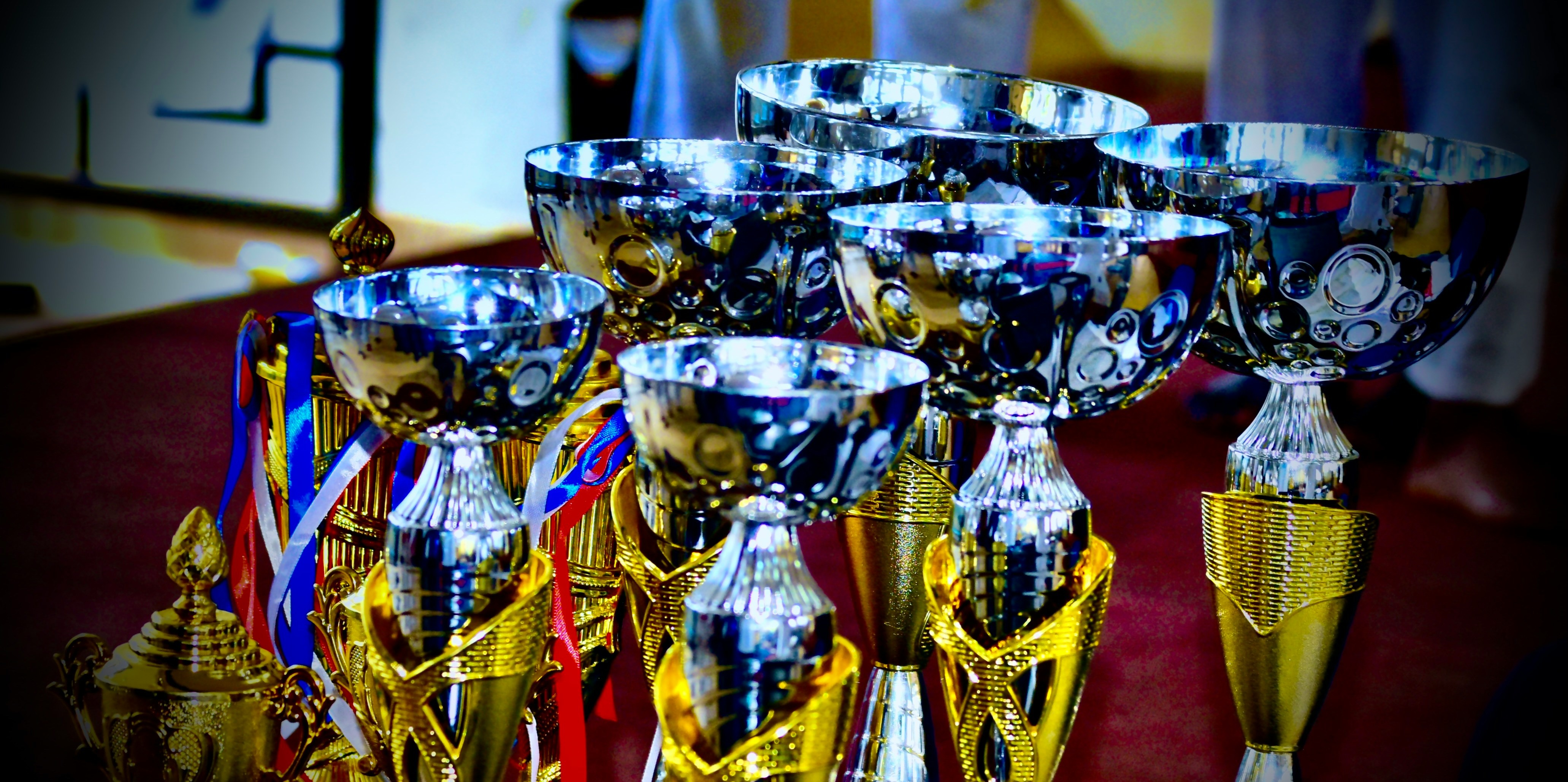 Trophies on table