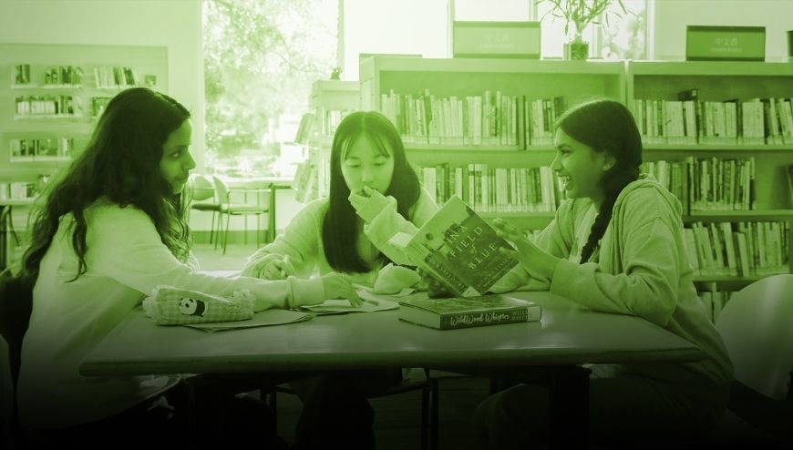 grayed out picture of 3 girls reading in the library