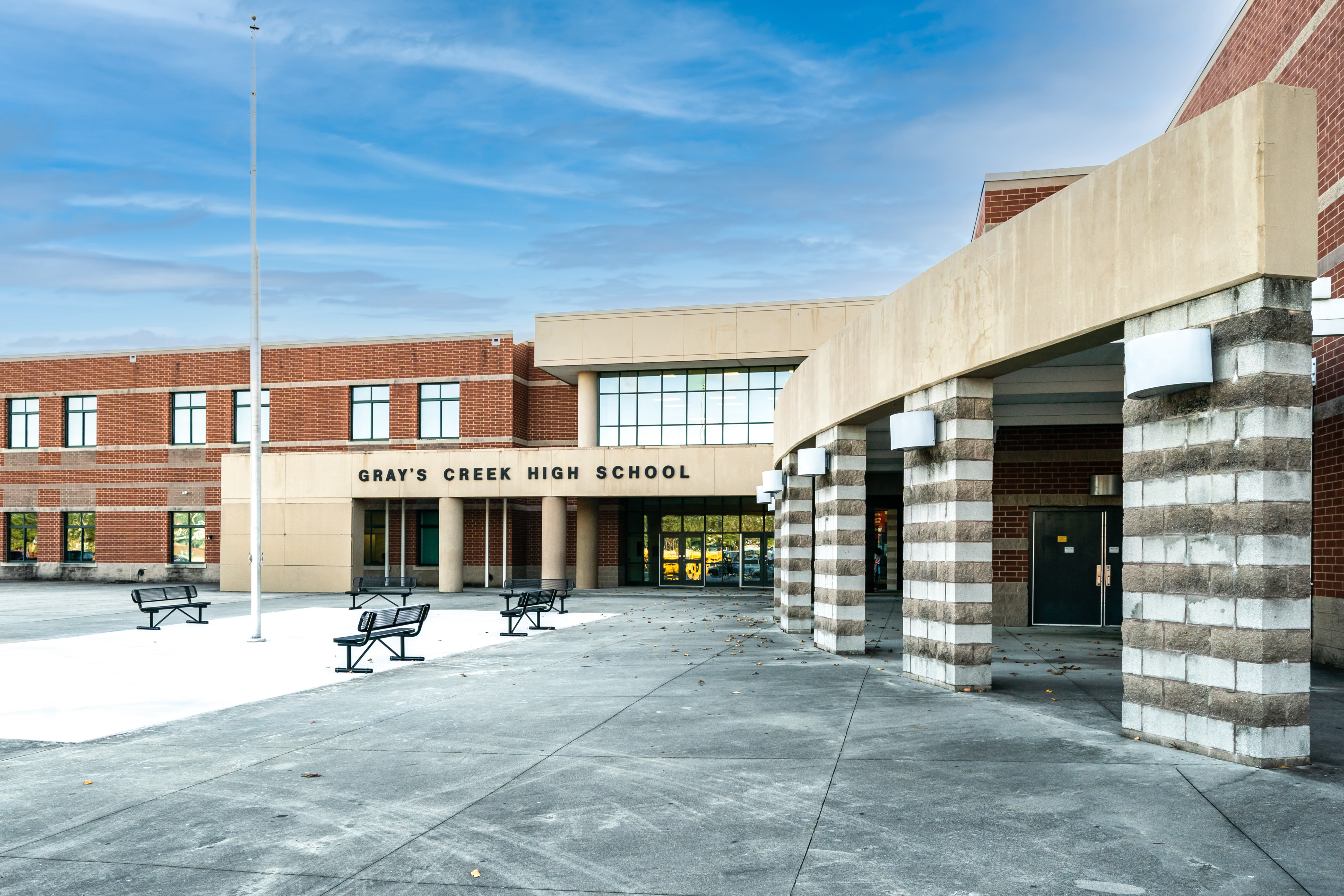 A photo of the front of gray's creek high school