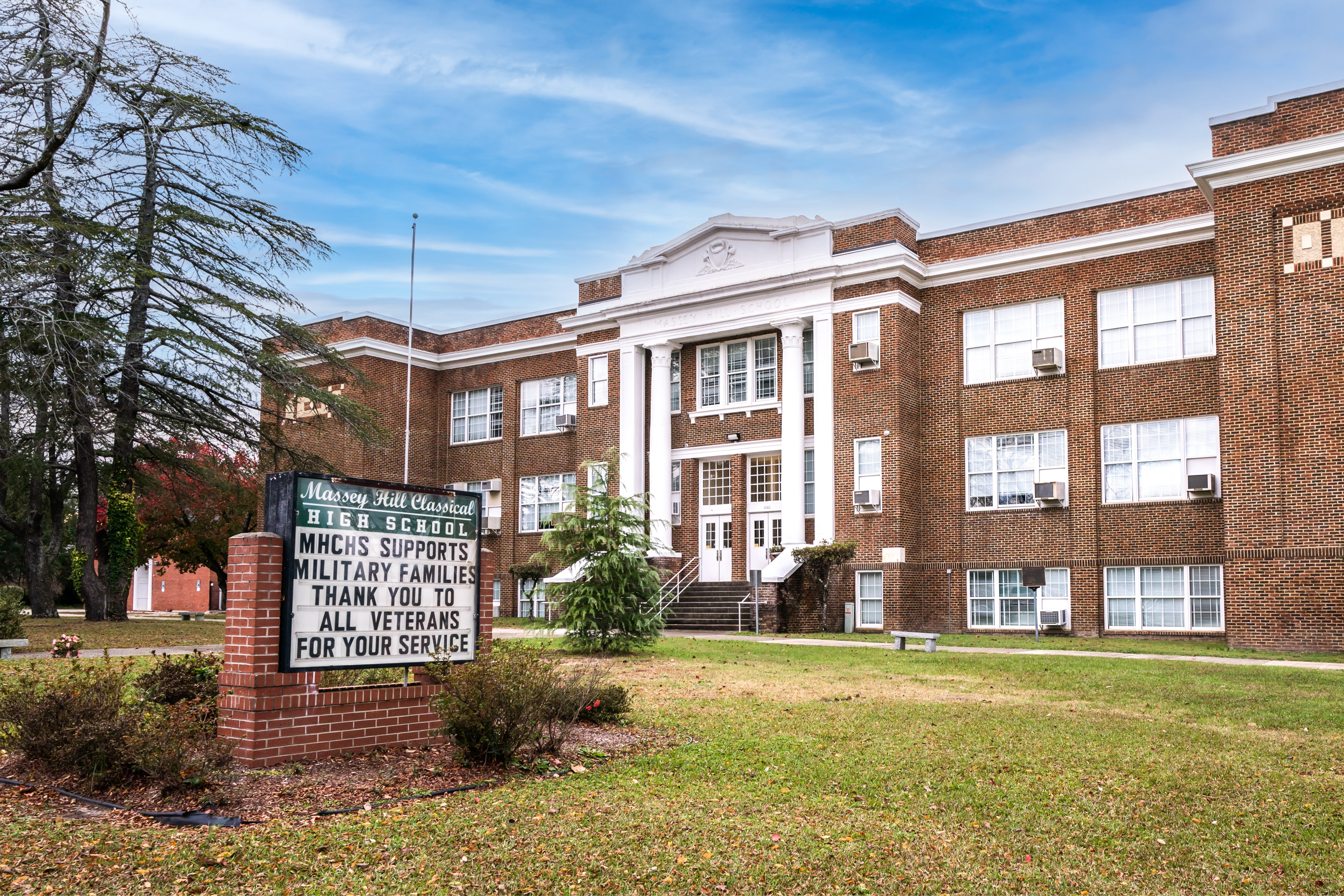 A photo of the front of massey hill classical high school