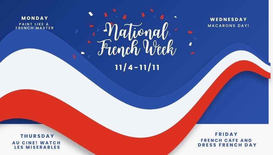 Red white an d blue  banner wiith activites for the  listed