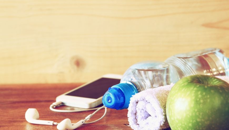 MMG Health - Workout Towel with Phone and Water Bottle on Wood