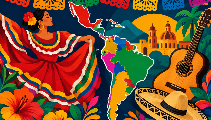 Image of an hispanic girl, map and a guitar