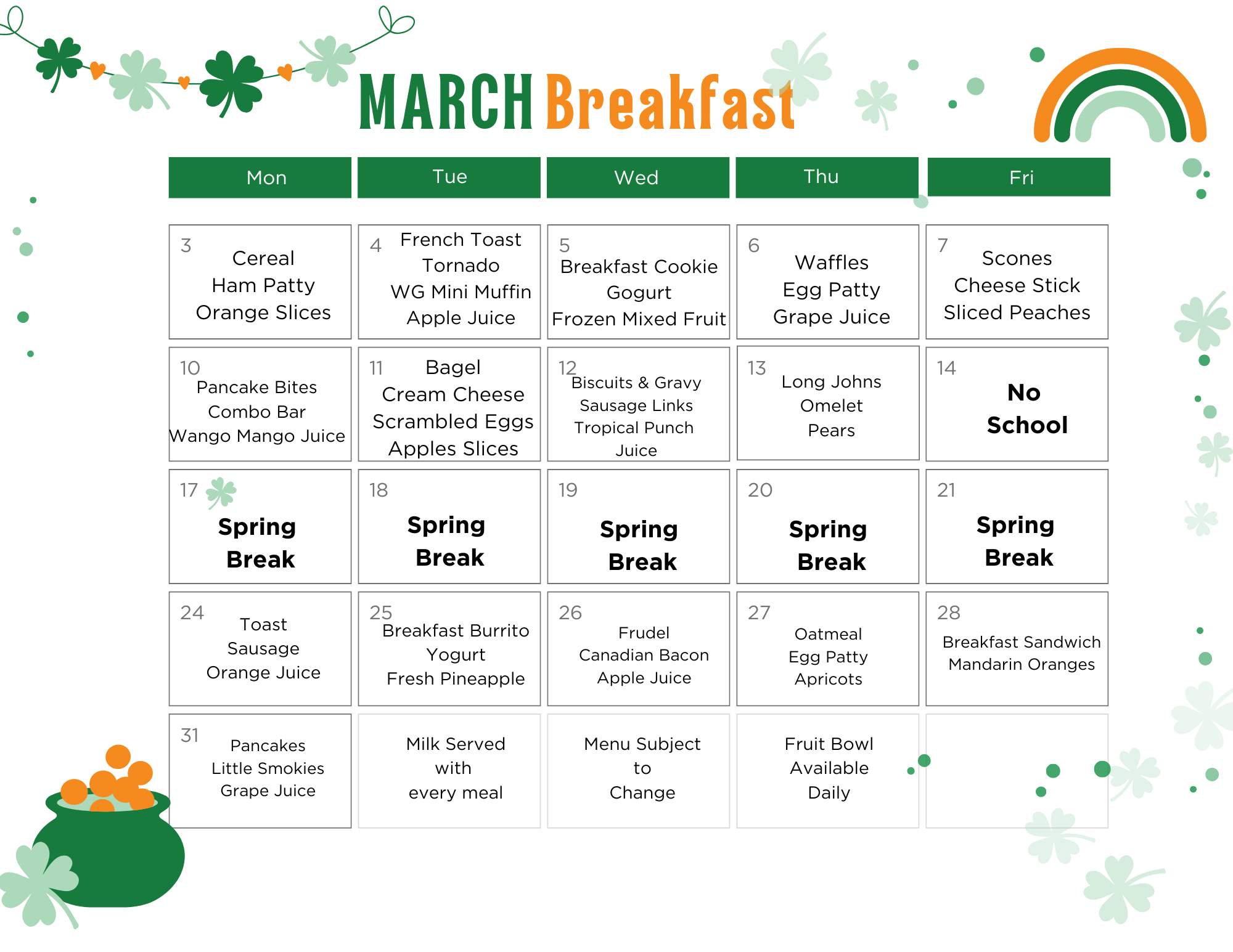 March Breakfast menu