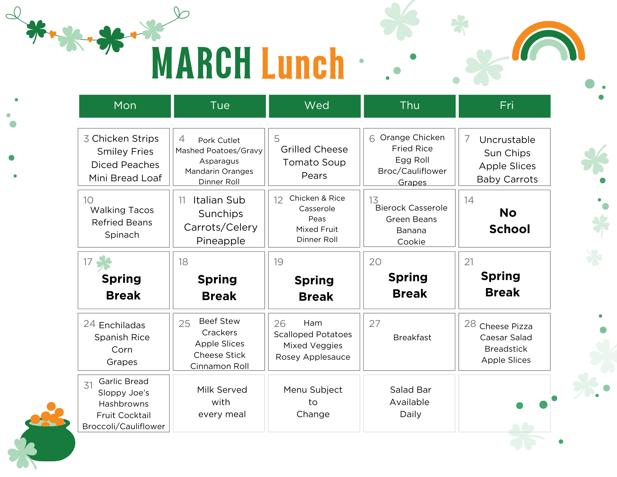 March Lunch Menu