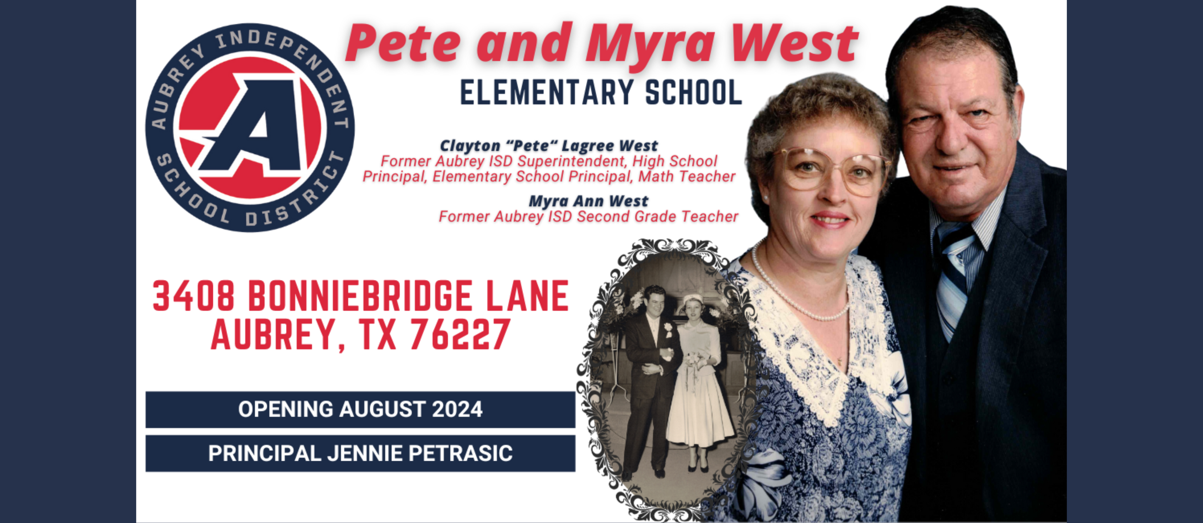 Pete and Myra West Elementary School promotional graphic with photos of namesakes