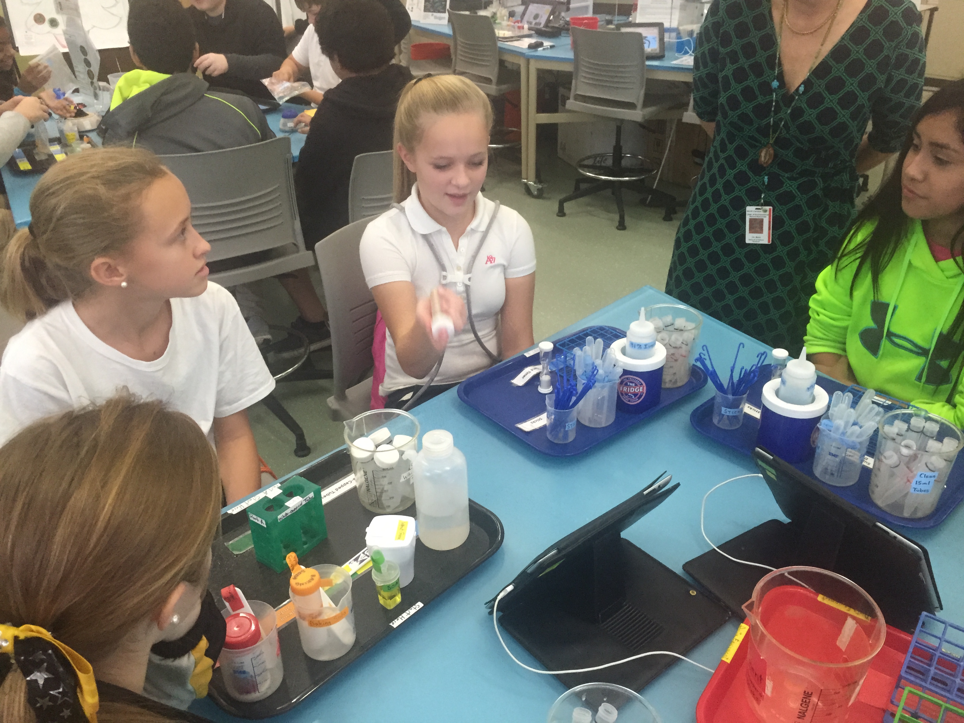 Students collaborating on a science project in a school classroom.