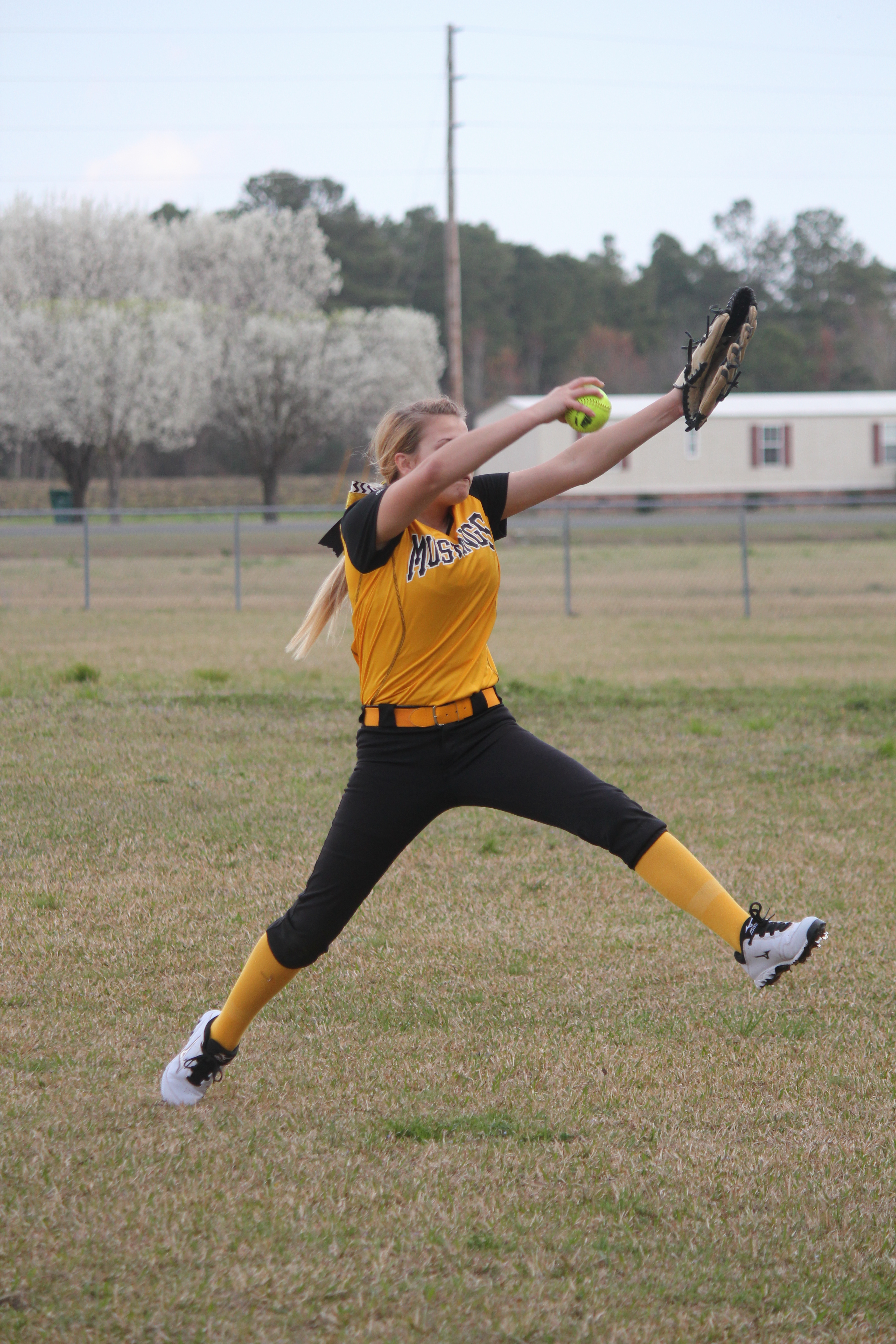 Young female athlete in yellow and black uniform pitching a softball on the field.