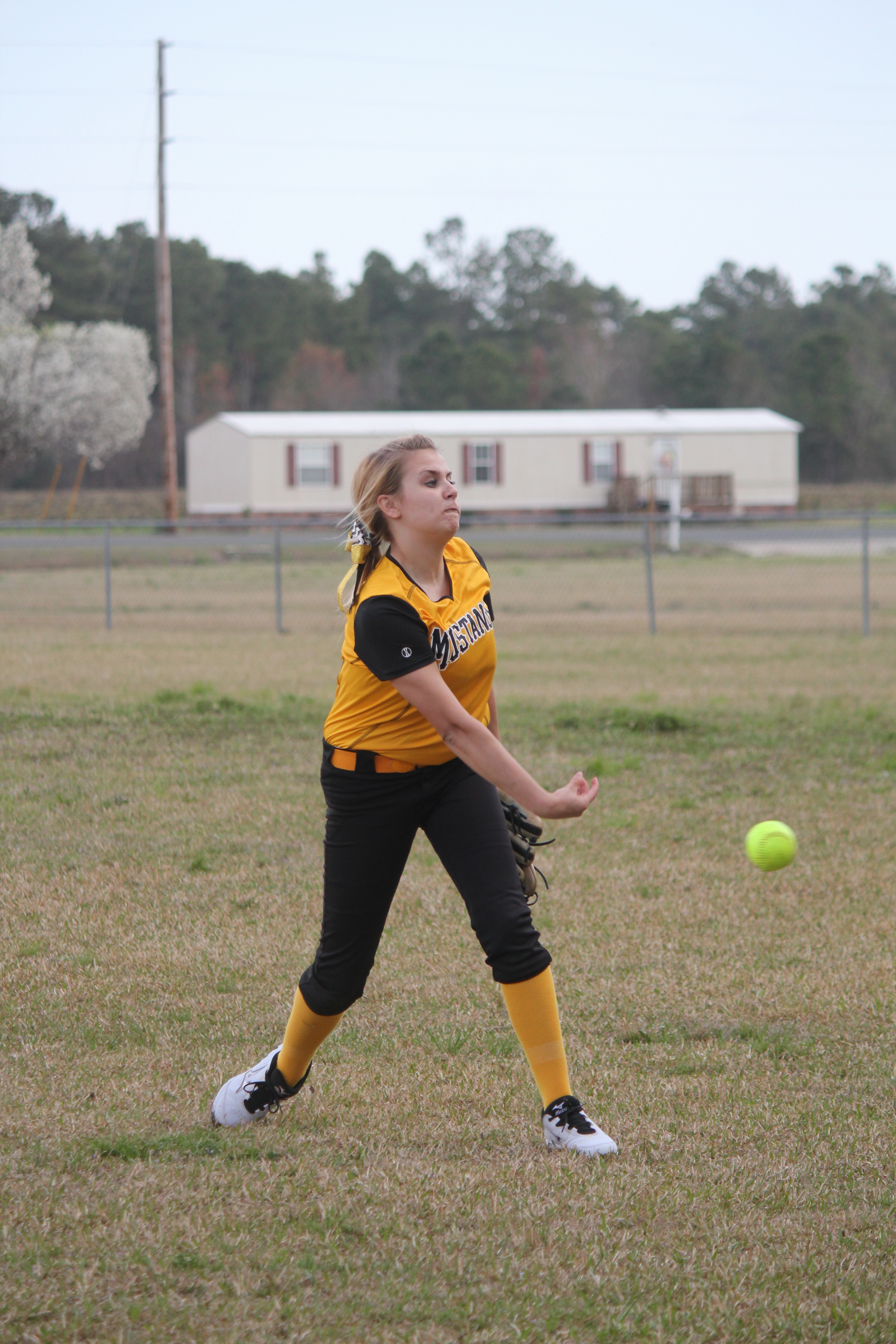 Young female athlete in yellow and black uniform pitching a softball on the field.