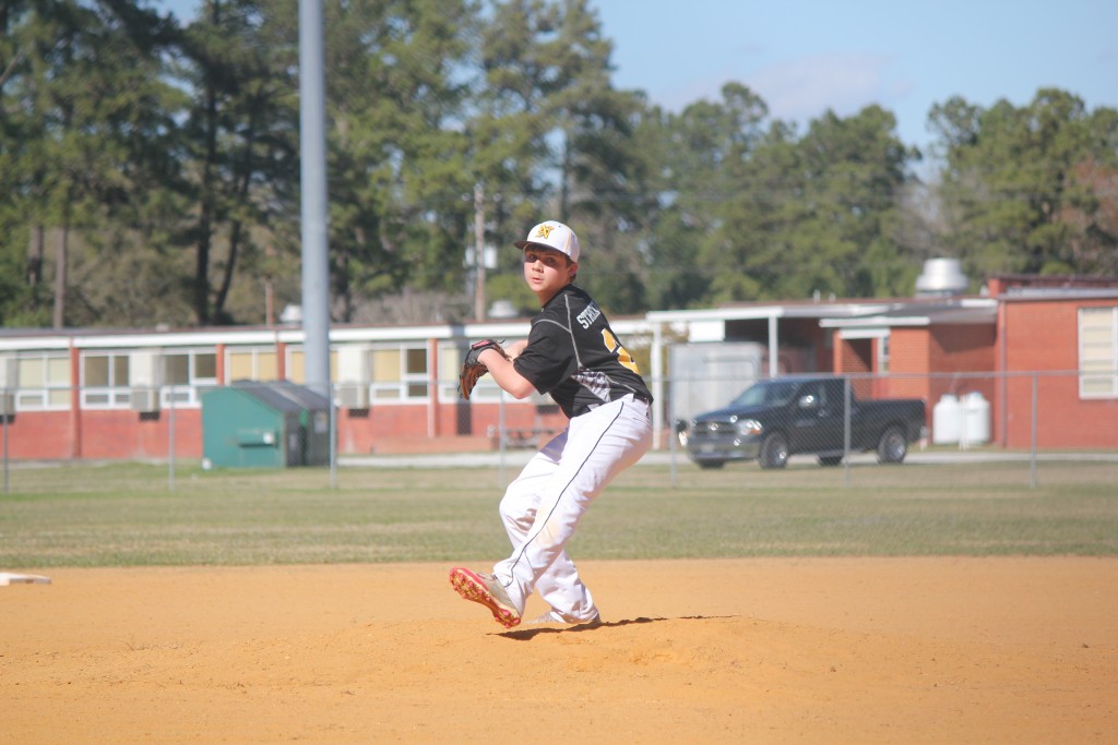 A baseball player winding up to pitch a ball on a green field.