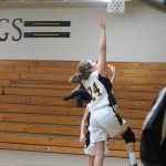 A girl is playing basketball on a court